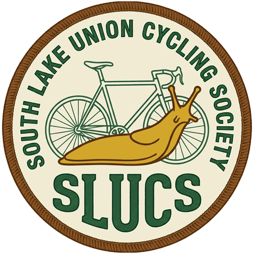 SLUCS club patch: a banana slug in front of a road bike