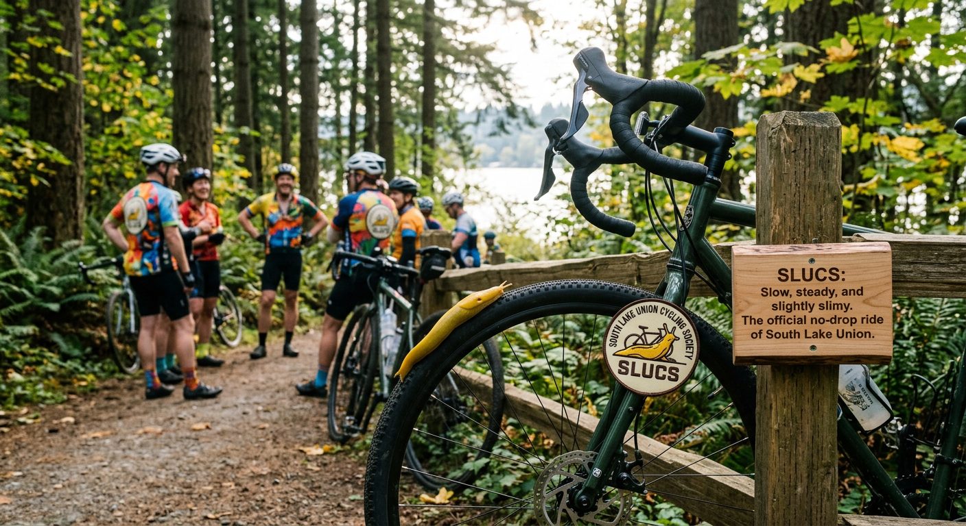 SLUCS riders in colorful kits chatting at a forest trailhead by the lake, a banana slug perched on a bike tire beside a wooden club sign