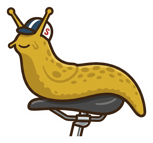 SLUCS mascot: a banana slug in a cycling cap, perched on a bike saddle. Click to play Slime Trail.
